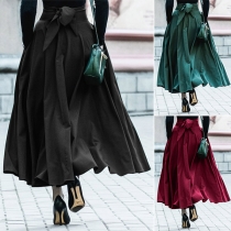 Fashion Solid Color Bowknot High Waist Self-tie Skirt