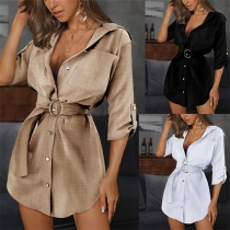 Casual Solid Color Buttoned Blouse Dress with Belt