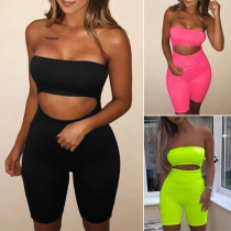 Fashion Solid Color Two Piece Set Consist of Strapless Bandeau and High-rise Shorts