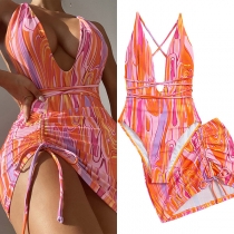 Fashion Floral Printed Two-piece Swimsuit Consist of Monokini and Drawstring Cover-up Skirt