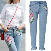 Fashion Rose Embroidery High-rise Denim Jeans