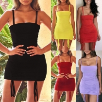 Fashion Solid Color Ruched Drawstring Bodycon Slip Dress