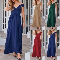 Fashion Solid Color Open-shoulder V-neck Slit Dress