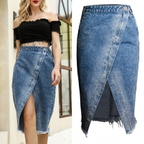Fashion Old-washed Slit Frayed Denim Skirt