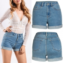 Fashion Rolled Hem Mid-rise Denim Shorts