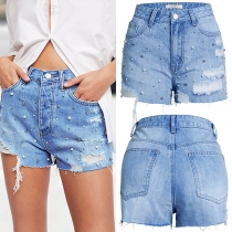Fashion Beaded Frayed High-rise Denim Shorts