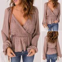 Fashion Lace Spliced Long Sleeve V-neck Ruffled Shirt