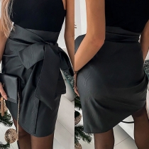 Fashion Artificial Leather PU Black Wrap Skirt
