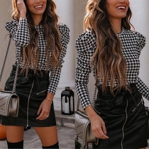 Fashion Houndstooth Printed Puff Long Sleeve Round Neck Shirt