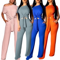 Fashion Solid Color Two-piece Set Consist of Self-tie Top and Wide-leg Pants