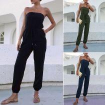 Sexy Solid Color Straplss Eastic Drawstring Jumpsuit