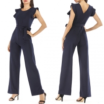 Fashion Solid Color Ruffled Self-tie Jumpsuit