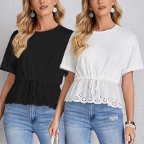Casual Solid COlor Drawstring Lace Splcied Short Sleeve Round Neck Shirt