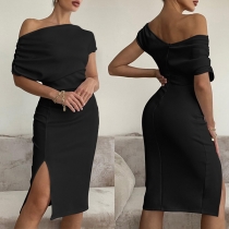 Sexy Solid Color Off-the-shoulder Self-tie Slit Bodycon Dress