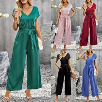 Sexy Solid Color Ruffled Pleated Self-tie Jumpsuit