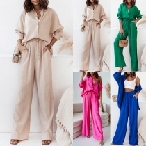 Fashion Solid Color Two-piece Set Consist of Long Sleeve Blouse and Drawstring Wide-leg Pants