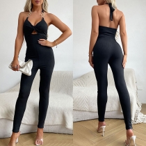 Sexy Front Cutout Backless Slim Fit Halter Jumpsuit