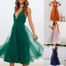 Sexy Solid Color Plunge V-neck Criss-cross Backless Gauze Dress