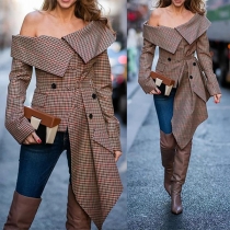 Stylish Off-the-shoulder Irregular Hemline Long Sleeve Plaid Buttoned Shirt