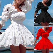 Fashion Solid Color Elbow Sleeve High-waist Ruffled Floral Hollow-out Dress