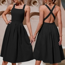 Fashion Solid Color Backless Cross-criss Fit & Flared Slip Dress