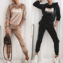 Fashion Round Neck Long Sleeve Sequined Lettered Sweatshirt + Pants Sports Suit