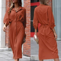 Fashion Solid Color Polo Neck Elbow-sleeve Self-tie Buttoned Shirt Dress