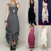 Fashion Lace Spliced Sleeveless Irregular Hemline Dress
