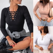 Fashion Solid Color Long-sleeve V-neck Lace-up Shirt