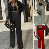 Fashion Solid Color Two-piece Set Consist of Long Sleeve Blouse and Wide-leg Pants