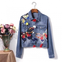 Fashion Butterfly Embroidery Long Sleeve Denim Jacket