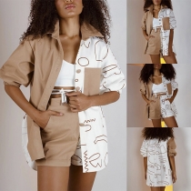 Casual Printed Contrast Color Two-piece Set Consist of Stand Collar Blouse and Shorts
