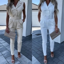 Elegant Solid Color Double-breasted Lapel Sleeveless Jumpsuit with Belt