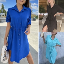 Casual Solid Color Stand Collar Buttoned Short Sleeve Shirt Dress