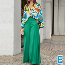 Fashion Two-piece Set Consist of Red Floral Printed Long Sleeve Shirt and Green Wide-leg Pants