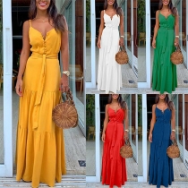 Elegant Solid Color Button Self-tie Tiered Maxi Dress