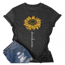 Never give up-Letter Printed Sunflower Printed Shirt