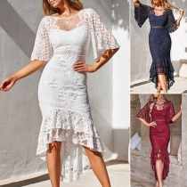 Elegant Round Neck Trumpet Short Sleeve High-low Fishtail Hemline Lace Dress