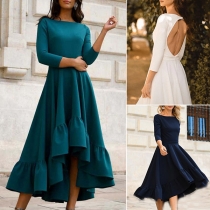 Sexy Solid Color Elbow Sleeve Backless High-low Hemline Dress