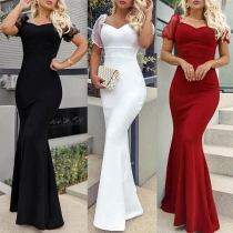 Elegant Solid Color Gauze Spliced Short Sleeve Sweetheart Neckline High Waist Fish Tail Hemline Bodycon Party Dress