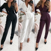 Elegant Solid Color 3/4 Sleeve Lapel V-neck Buttoned Jumpsuit