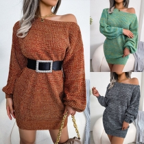 Casual Solid Color Off-the-shoulder Lantern Sleeve Knitted Dress