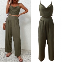 Street Fashion Solid Color TWo-piece Set Consist of Cami Crop Top and Ruched Pants