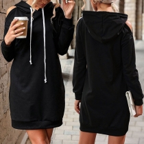 Casual Solid Color Open-shoulder Long Sleeve Drawstring Mini Hoodie Dress