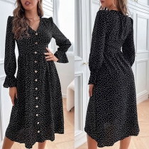 Elegant Polka-dot Printed V-neck Buttoned Long Sleeve Dress