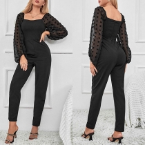 Fashion Semi-through Gauze Spliced Swiss-dot Long Sleeve Slim-fit Jumpsuit