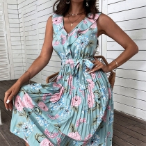 Elegant Floral Printed Ruffled V-neck Backless Sleeveless Self-tie Pleated Dress