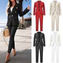 Fashion Solid Color Suit Set Consist of Double-breasted Laple Blazer and Pants