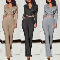 Fashion Bling-bling Two-piece Set Consist of Long Sleeve Draped Neckline Shirt and Wide-leg Pants
