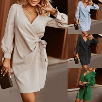 Casual Solid Color Long Sleeve V-neck Self-tie Wrap Dress